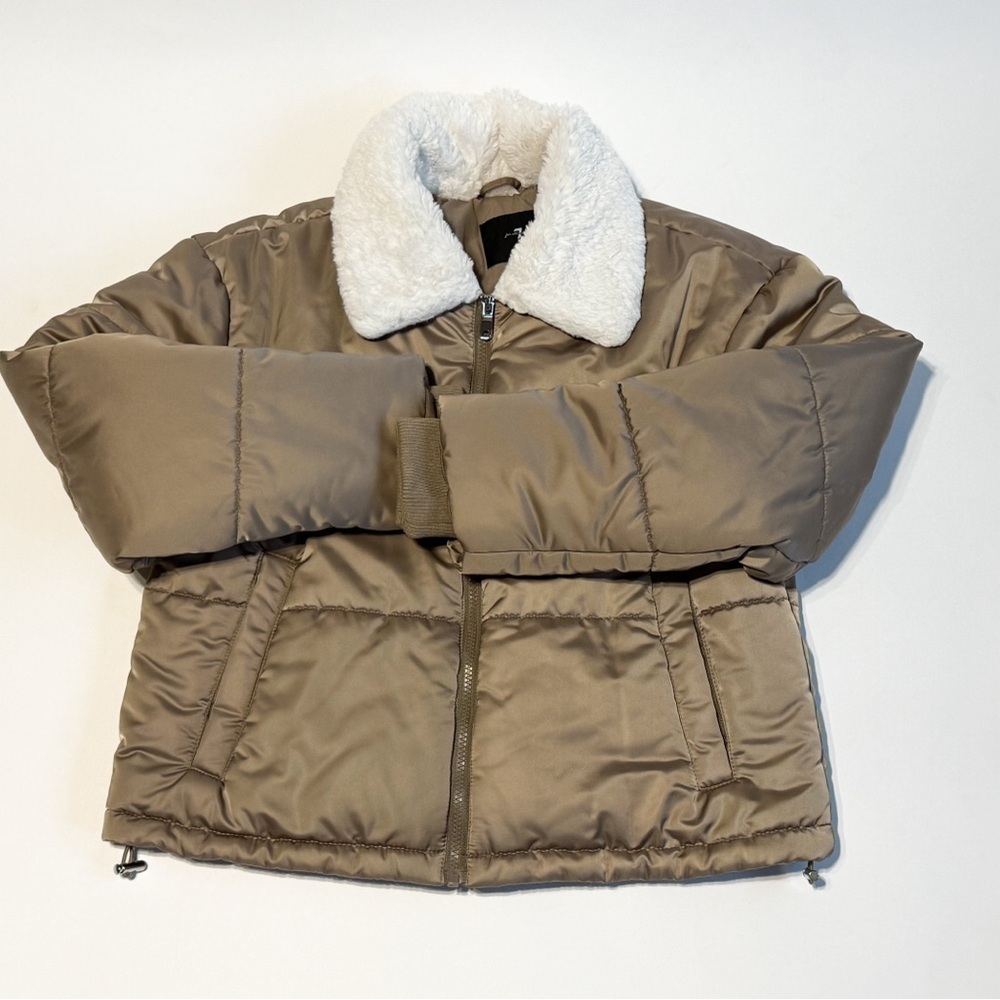 7 For All Mankind Puffer Jacket with Faux Fur Collar - Tan - Size S - Picture 2 of 9
